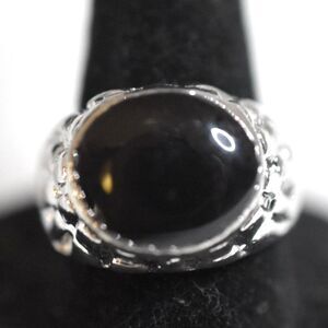 NWOT Prestigious Black Oval Smooth Stone Etched Silver Tone Size 9 Gothic Ring